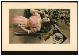 Prägekarte Neujahr Trinkende Frau Mit Sektglas Uhr Glocke, Ungebraucht - Other & Unclassified