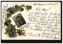 Prägekarte Frauenbildnis Als Passfoto In Blumengirlande, MÜLHEIM 31.12.1903 - Autres & Non Classés
