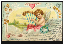 Prägekarte Engel Mit Harfe Aus Blumen Veilchen Herz, Nach VORST 2.2.1904 - Otros & Sin Clasificación