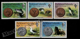 Falkland Islands 1975 Yvert 239-43, New Coins, Fauna, Coins On Stamps  - MNH - Falkland Islands