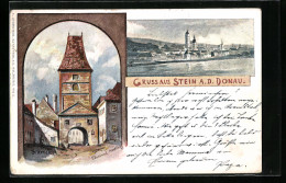 Lithographie Stein A. D. Donau, Stadt-Tor, Teilansicht  - Sonstige & Ohne Zuordnung