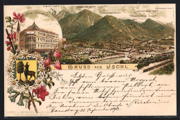 Lithographie Ischl, Hotel Elisabeth, Teilansicht Mit Zimitz, Hochjoch Und Jainzenberg, Wappen  - Sonstige & Ohne Zuordnung