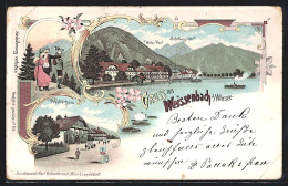 Lithographie Weissenbach A. Attersee, Hotel Post Mit Schafberg, Wolterhaus, Bergsteier Mit Fernglas  - Autres & Non Classés