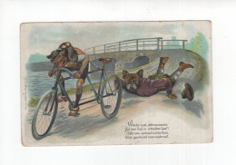 Um 1910 Dt. Reich Farbkarte Karikaturkarte Tandem - Fahrrad Mit Hunden In Menschengestalt - Hunde
