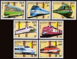 Cambodia 929-935,936,MNH.Michel 1007-1013,Bl.163. Trains,Locomotives 1989. - Kambodscha