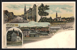 Lithographie Neumarkt-Kallham, Bahnhof Von Der Gleisseite, Neumarkt, Kalvarienberg, Teilansicht Mit Kirche  - Other & Unclassified