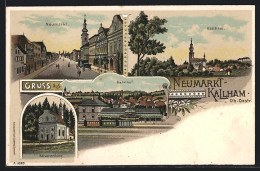 Lithographie Neumarkt-Kallham, Bahnhof Von Der Gleisseite, Neumarkt, Kalvarienberg, Teilansicht Mit Kirche  - Andere & Zonder Classificatie