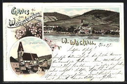 Lithographie Weissenkirchen I. D. Wachau, Ortspartie Mit Altgotischer Kirche, Ortspanorama Mit Fluss Und Bergen  - Autres & Non Classés