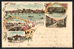 Lithographie Schärding, Oberer Und Unterer Stadtplatz, Linzerthor, Panorama Mit Brücke  - Andere & Zonder Classificatie