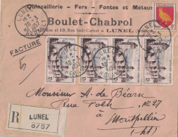 HERAULT - LUNEL - ENTETE QUICAILLERIE BOULET CHABROL - LETTRE RECOMMANDEE BEL AFFRANCHISSEMENT DU 30-3-1957. - Posttarieven