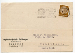 Germany 1938 Postcard; Hannover - Rudolf Greiser, Naphtalin-Fabrik Dollbergen To Schiplage; 3pf. Hindenburg - Covers & Documents