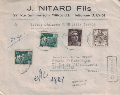 BOUCHES DU RHONE - LETTRE CHARGEE 5000F AVEC RECOMMANDEE PROVISOIRE DE MARSEILLE ST FERREOL  -  ENTETE J.NITARD. - Postal Rates