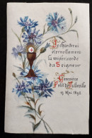 Image Pieuse Sur Papier Parcheminé, à Décor Peint à La Main D'un Bouquet De Bleuets Et D'un Calice, 19 Mai 1892 - Devotion Images