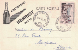 MARNE - REIMS DIEU LUMIERE - CARTE POSTALE PUB - ILLUSTREE - CHAMPAGNE HENRIOT REIMS - LE 21-12-1956. - Manual Postmarks