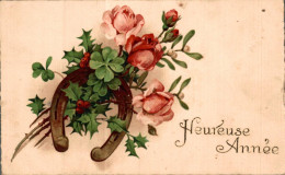 O8 - Carte Postale Fantaisie - Fleurs - Trèfle - Fer à Cheval - Heureuse Année - Neujahr