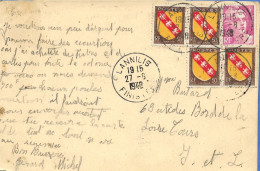 TIMBRE N° 806  ET 757 -  757 -  PAIRE  - TARIF DU 8 7 1947 -    SUR CP   - 1948  - CACHET RECETTE LANNILIS FINISTERE - Tarifas Postales