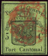 SUISSE - SBK 6 GENEVE 5C VERT GRANDE AIGLE - OBLITERE - CERTIFICAT SCHELLER - 1843-1852 Federale & Kantonnale Postzegels