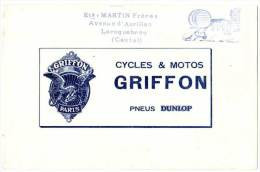 Buvard Pneus Dunlop, Cycles & Motos Griffon (tampon Ets Martin Frères, Laroquebrou, Cantal)(DD) - P