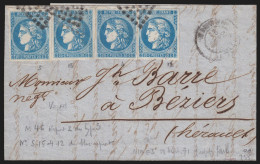 N°46B, 20c Bleu En 4 Ex. Oblitérés Nîmes 13/SEPT./1871 Sur Lettre - Certificat - 1870 Ausgabe Bordeaux