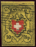 SUISSE - SBK 16II  10 RAPPEN - PAPIER CARTON - CROIX NON ENCADREE - POSITION 5 - OBLITERE - SIGNE SCHELLER - 1843-1852 Federale & Kantonnale Postzegels