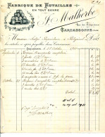 FACTURE.11.AUDE.CARCASSONNE.FABRIQUE DE FUTAILLES EN TOUS GENRES.J.MALHERBE RUE DES CALQUIÈRES. - Old Professions