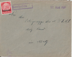 1941 - MOSELLE ALLEMANDE - CACHET PROVISOIRE CAOUTCHOUC De RONHOFEN (RONCOURT) => METZ - Briefe U. Dokumente