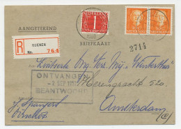 Em. En Face Briefkaart Aangetekend Nuenen - Amsterdam 1952 - Non Classés