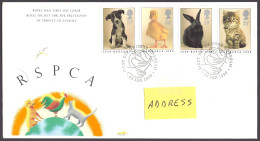 Great Britain 1990 - RSPCA, Pets, Animals, Dogs, Cats, Rabbit, Duck, Pet - FDC First Day Cover - 1981-1990 Dezimalausgaben