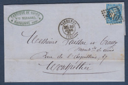 Bordeaux N° 46B  Oblitéré GC  2610 Sur Lettre De Narbonne - Cote : 30 € - 1870 Emission De Bordeaux