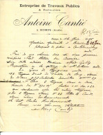 FACTURE.11.AUDE.HOMPS.ENTREPRISE DE TRAVAUX PUBLICS.ANTOINE CANTIÉ. - Old Professions