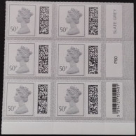 S.G. V4750 ~ BOTTOM CORNER BLOCK OF 6 X 50p BARCODED MACHINS UNFOLDED & NHM #02174 - Machins