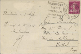 CARTE PLOMBIERES -VOSGES -OBLITERATION DAGUIN " PLOMBIERES GUERIT / ENTERITE ET RHUMATISMRS " AFFRANCHIE N° 190 - 1933 - Mechanical Postmarks (Other)