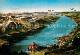 12904447 Chillon Panoramakarte Lac Leman Alpen Mit Schloss Chillon Chillon - Sonstige & Ohne Zuordnung