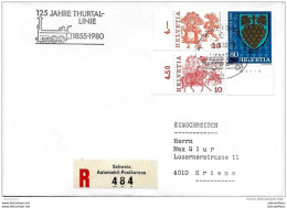 228 - 77 -  Enveloppe Suisse Recommandée Avec Oblit Spéciale "125 Jahre Thurtal-linie 1980" - Trenes