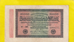 REICHSBANKNOTE . 20.000 MARK   . 20-2-1923 . N°  H-BK  406635  .  2 SCANNES  .  BILLET USITE - 20000 Mark