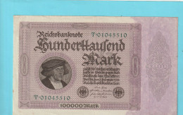 REICHSBANKNOTE . 100.000 MARK   . 1-2-1923 . N°  T.01045510 . GROS CHIFFRES  .  2 SCANNES  .  BILLET USITE - 100.000 Mark