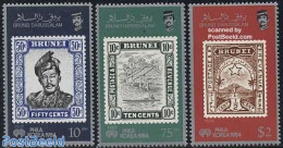 Brunei 1984 Philakorea 3v, Mint NH, Transport - Stamps On Stamps - Ships And Boats - Stamps On Stamps