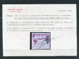 REPUBBLICA 1961 GRONCHI ROSA FIOR DI STAMPA BORDO DI FOGLIO  ** MNH CERT. SORANI - 1961-70: Mint/hinged
