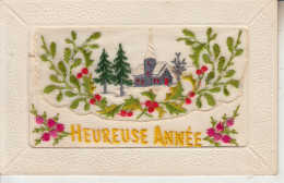 CARTE BRODEE - Heureuse Année - Fleurs Eglise - Gui Avec Petite Carte Intérieur - Embroidered