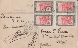 CARTE DE GRANDE COMMORE TIMBRES DE MADAGASCAR OBL MORONI 1933 - Cartas & Documentos