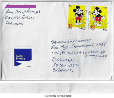 Portugal 2024 Priority Cover From Pernes To Biguaçu Brazil 2 Different Stamp Mickey 90 Years Electronic Sorting Marks - Disney