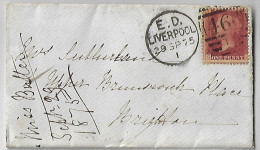 Great Britain 1875 Cover Liverpool To Brighton Stamp 1 Penny Red Perforate Corner Letter JG Queen Victoria Plate 173 - Storia Postale