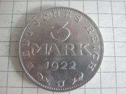 Germany 3 Mark 1922 J - 3 Marcos & 3 Reichsmark