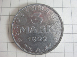 Germany 3 Mark 1922 A ( Without Subtitles ) - 3 Marcos & 3 Reichsmark