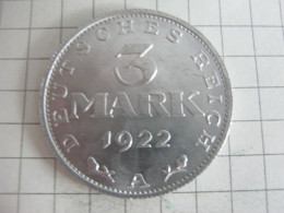 Germany 3 Mark 1922 A - 3 Mark & 3 Reichsmark