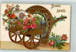 39743709 - Bonne Annee  Hufeisen Blumenkarre Rosen Vergissmeinnicht - Nouvel An