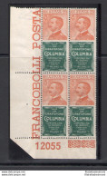 1924 Regno D'Italia, Pubblicitario N. 20, 20 Cent Columbia Arancio E Brunastro Verde, Blocco Di Quattro Con Numero Di Ta - Publicidad