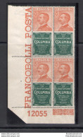 1924 Regno D'Italia, Pubblicitario N. 20, 20 Cent Columbia Arancio E Brunastro Verde, Blocco Di Quattro Con Numero Di Ta - Publicité