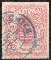 Luxembourg 1865 10c Red Lilac Rouletted (coloured) 1 Value Blue Cancel Remich - 1859-1880 Armoiries