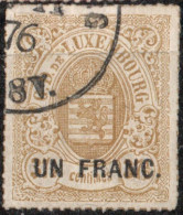 Luxemburg 1872 1 Franc Overprint Coloured Line Perforation Cancelled - 1859-1880 Armoiries